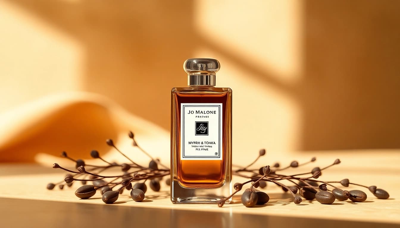 Experience Jo Malone Myrrh & Tonka Intense with a luxurious perfume bottle surrounded by tonka beans and myrrh resin.